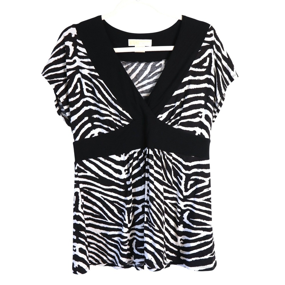 Michael Kors Zebra Print VNeck Capped Sleeve Top Shirt Womens M B&W Babydoll Y2K